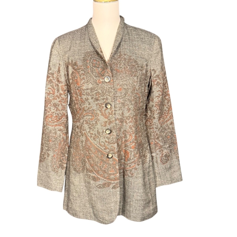 Coldwater Creek Womens Grey Tweed Paisley Print‎ Wool Blend Longline Blazer 4